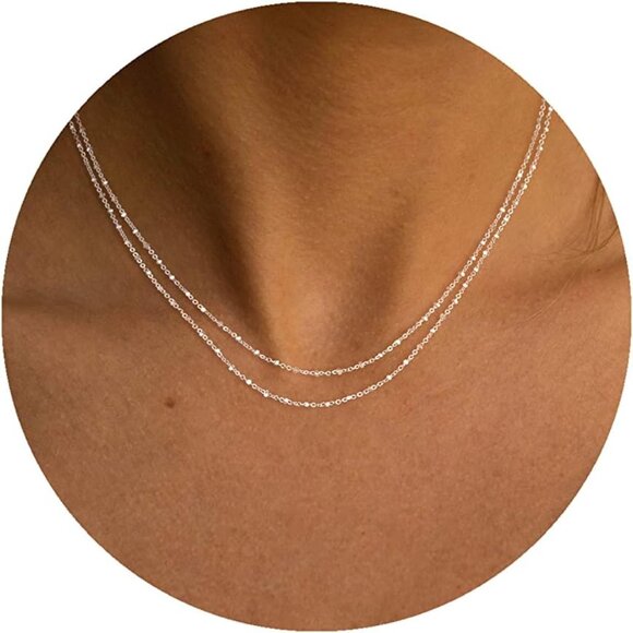 Stylish Layered Silver Necklace Set – Dainty Women's Choker with Extender - Picture 1 of 8